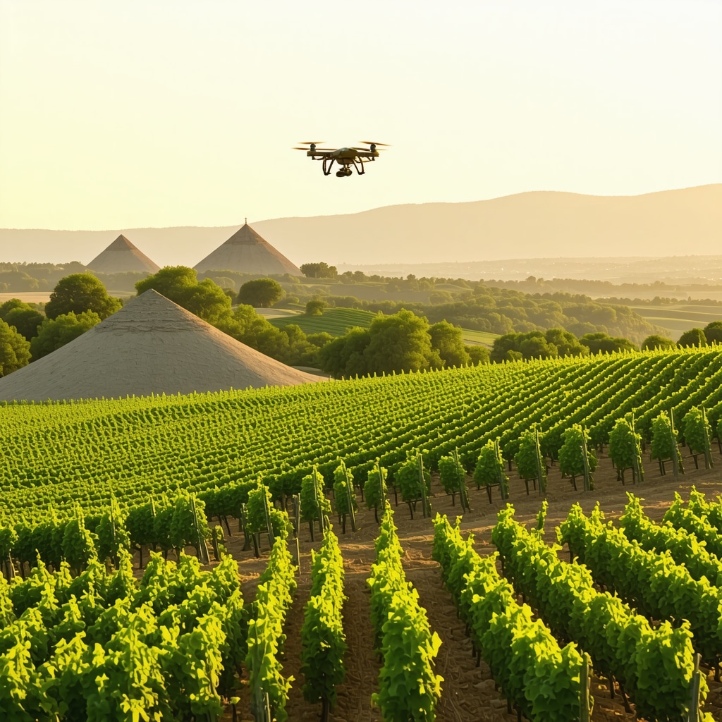 Vineyard landscape at Melnik featuring unique sandy pyramids and drones flying over the vines during sunset