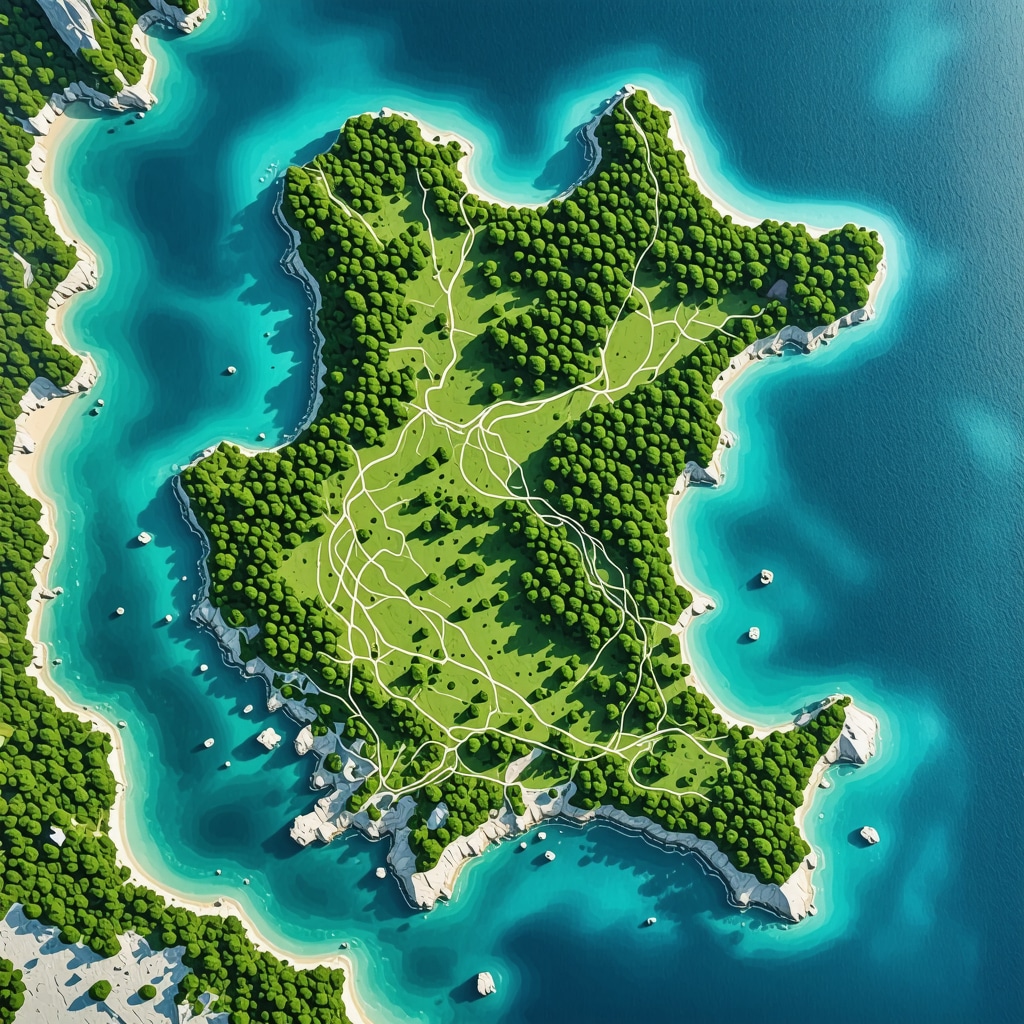 Aerial view of Mljet island showing natural landscapes with digital map overlays indicating hiking trails and protected areas