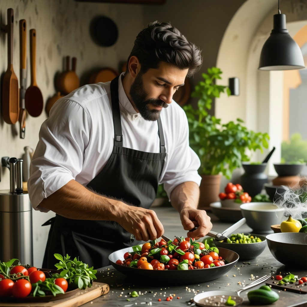 Chef in rustic kitchen preparing Balkan dishes using sustainable local ingredients and modern cooking tools