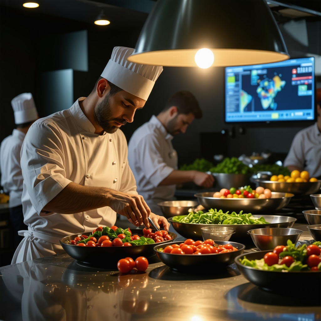 Chefs in Nafplio restaurant kitchen using sous-vide and fermentation with digital technology screens