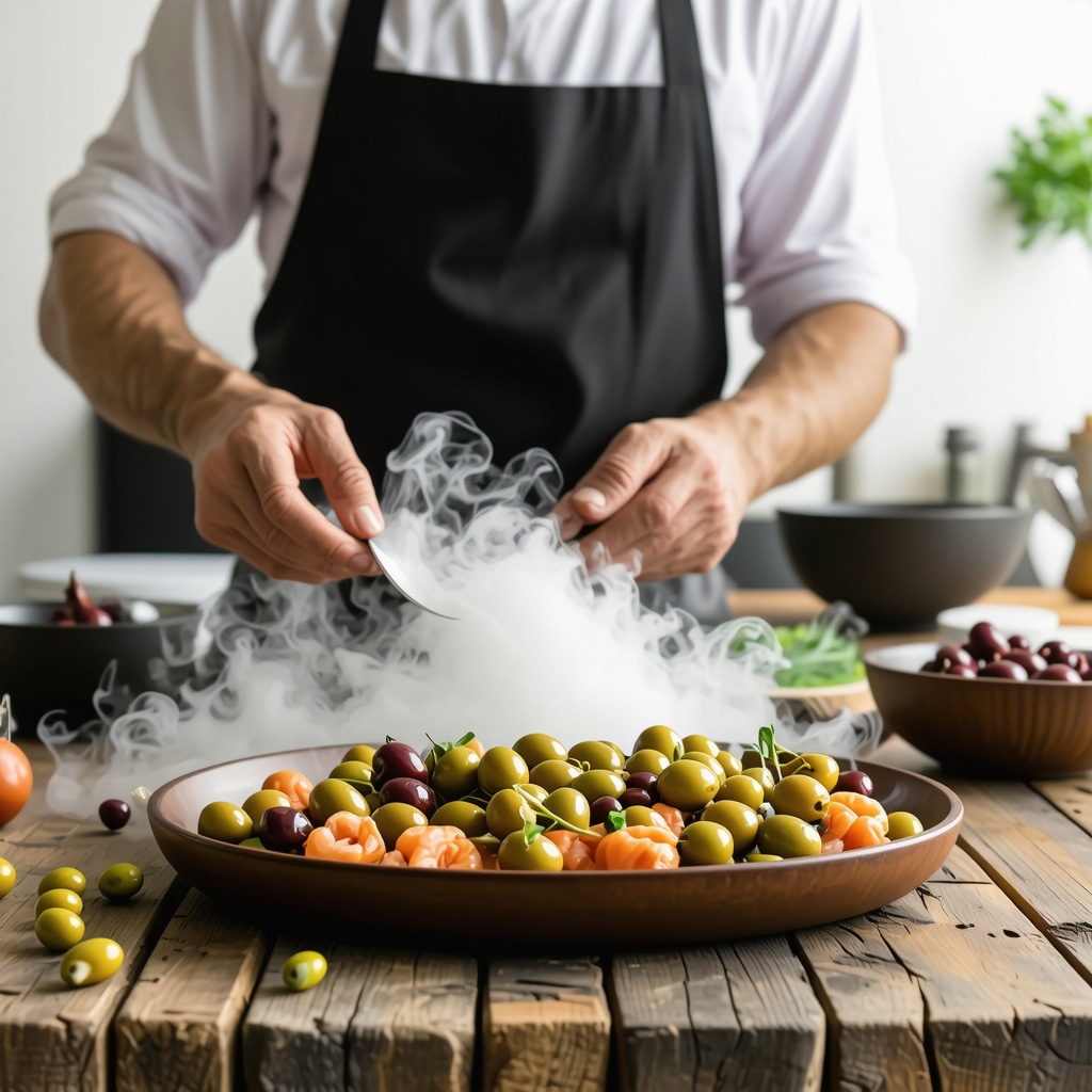 Chef preparing molecular gastronomy dishes with traditional Volos ingredients in a modern Greek kitchen