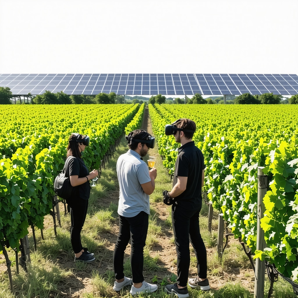 Vineyard in Bucharest showing solar panels and visitors using VR for wine tasting