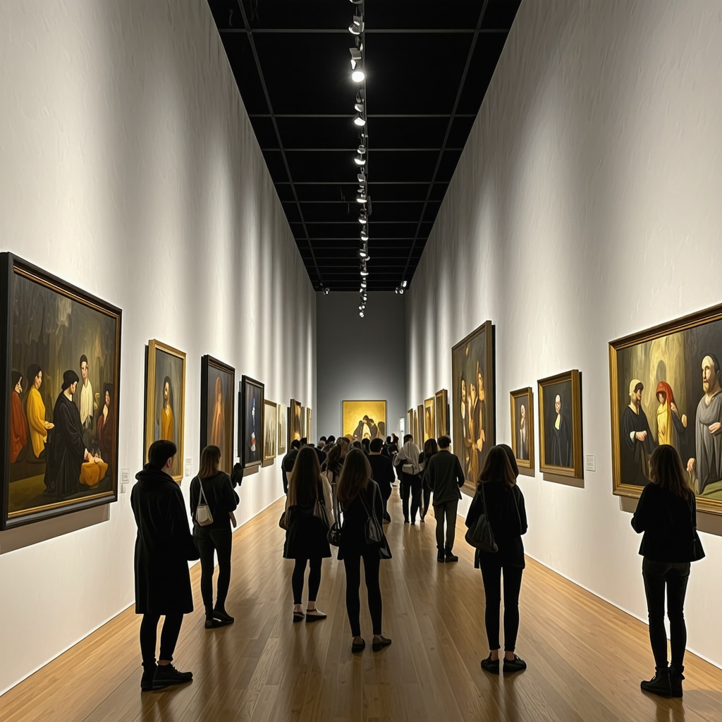 Visitors exploring modern and historical artworks in a Timisoara art gallery