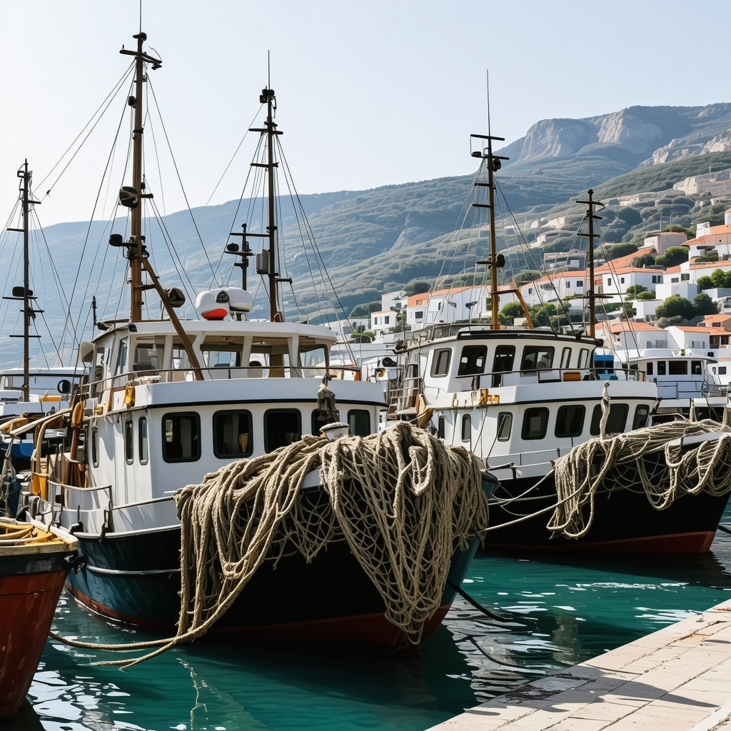Selective fishing nets on boats at Ulcinj harbor with Mediterranean coastal landscape