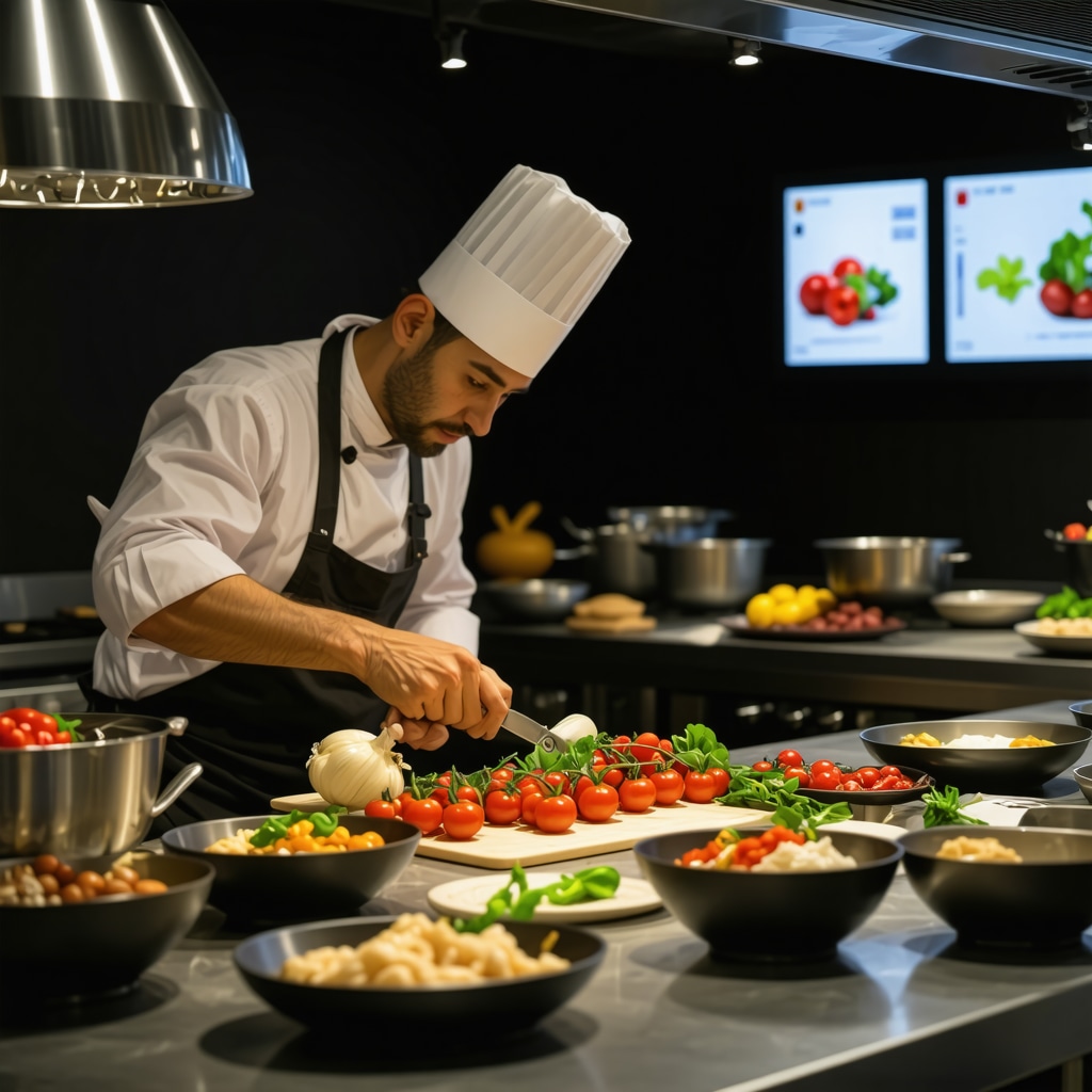 Chefs preparing traditional Albanian dishes with digital sustainable sourcing displays in a modern Vlorë kitchen