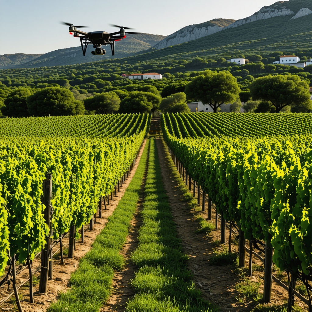 Vineyard on Hvar island with drones flying above, illustrating modern winemaking technologies combined with traditional methods