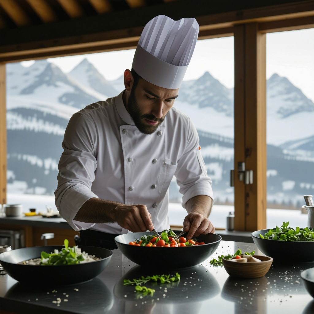 Chef preparing innovative molecular gastronomy dishes in a mountain kitchen with Durmitor peaks in the background