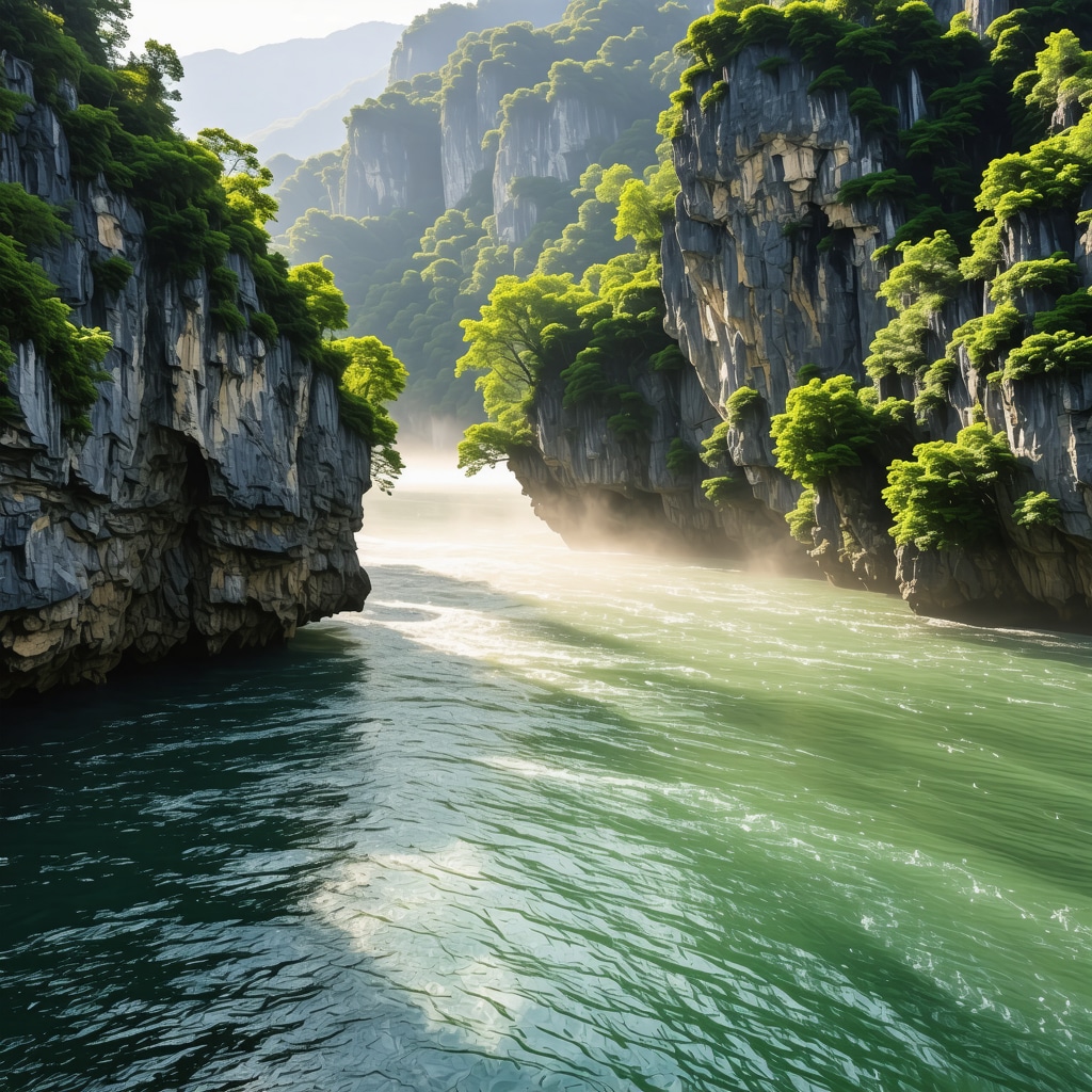 Early morning mist and sunlight in Matka Canyon with river and cliffs