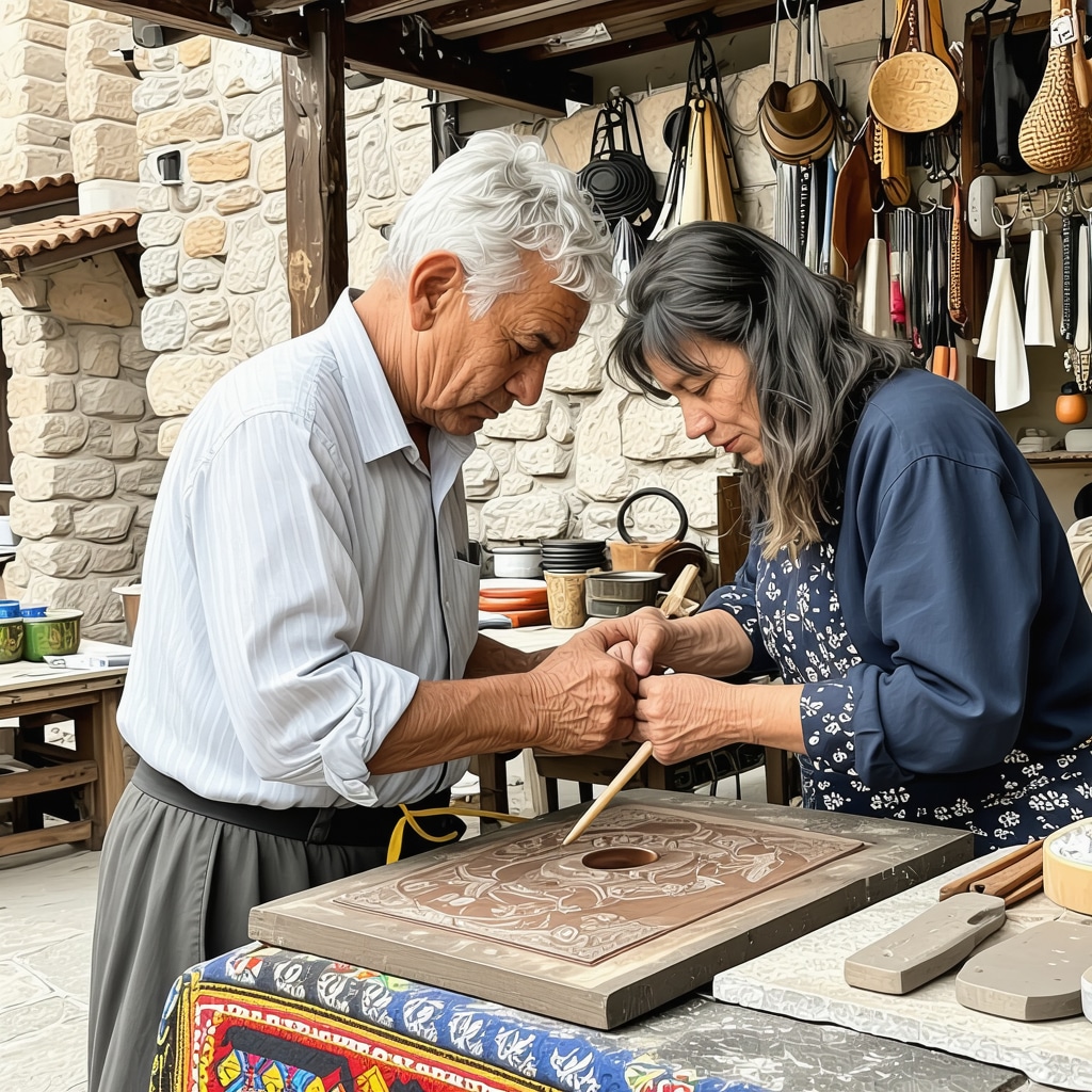 Local artisan demonstrating copper engraving to a visitor in Mostar's historic district