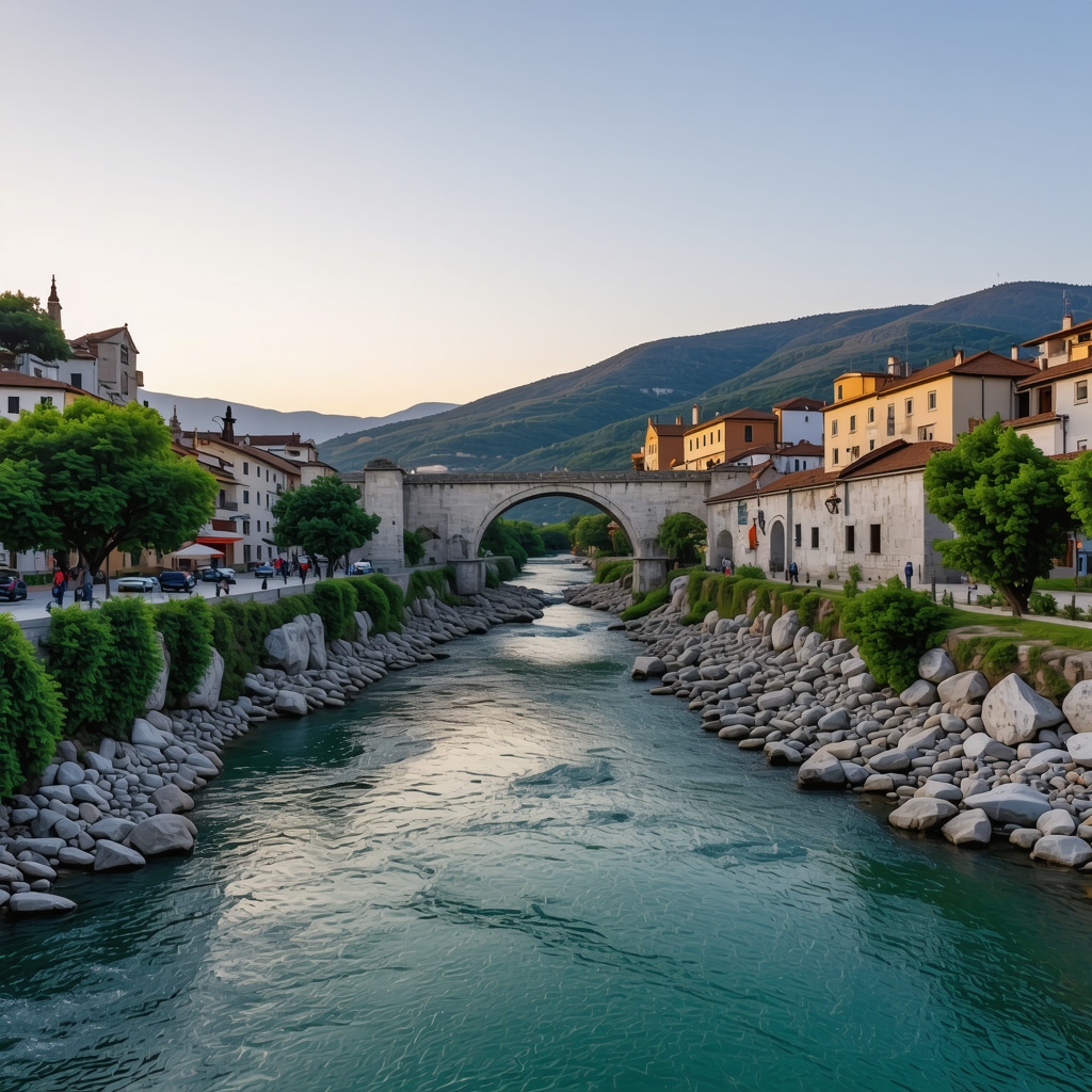 View of Mostar Old Bridge and Neretva River during sunset with local people and historic buildings