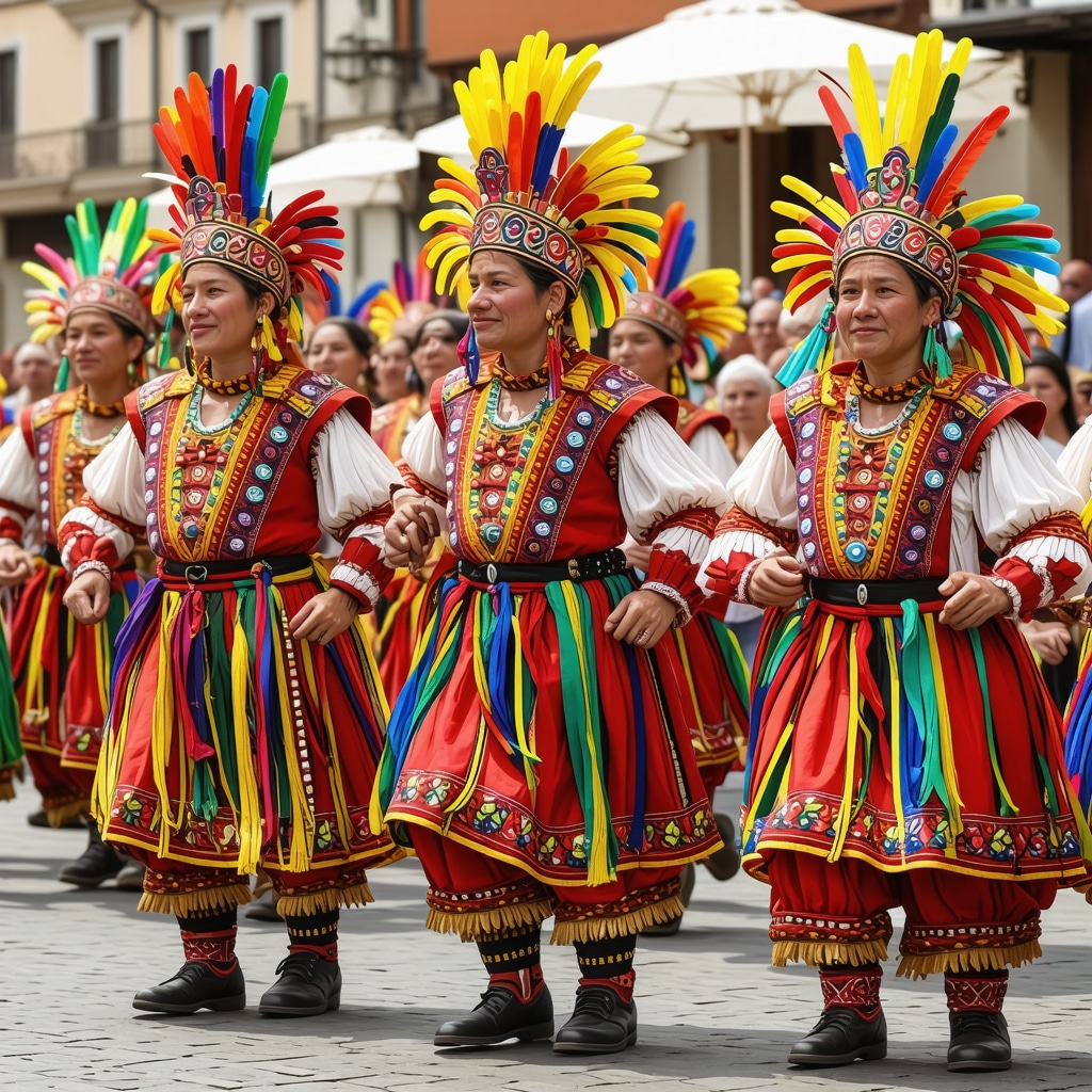 Diverse ethnic groups celebrating at a festival in Banja Luka with traditional and modern elements emphasizing sustainability