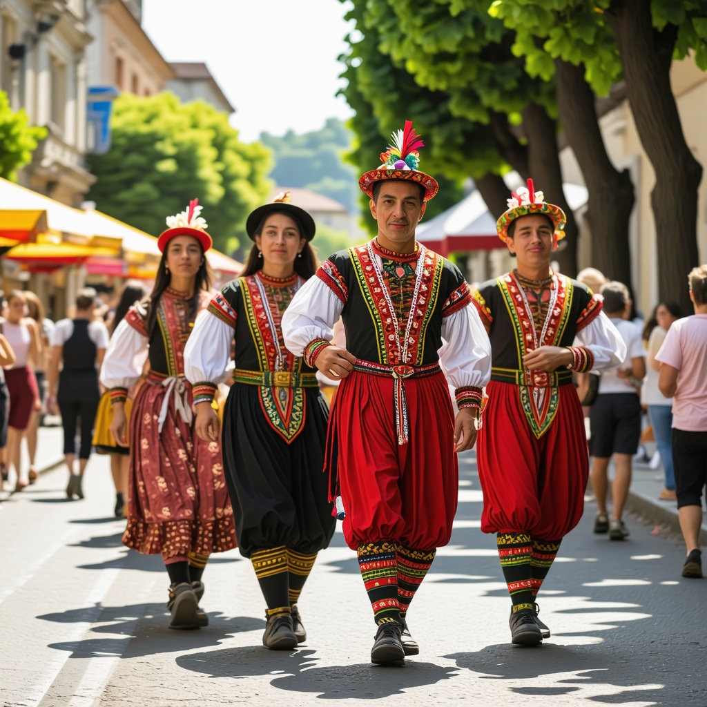 Ethnic groups in traditional costumes celebrating a multicultural festival in Subotica