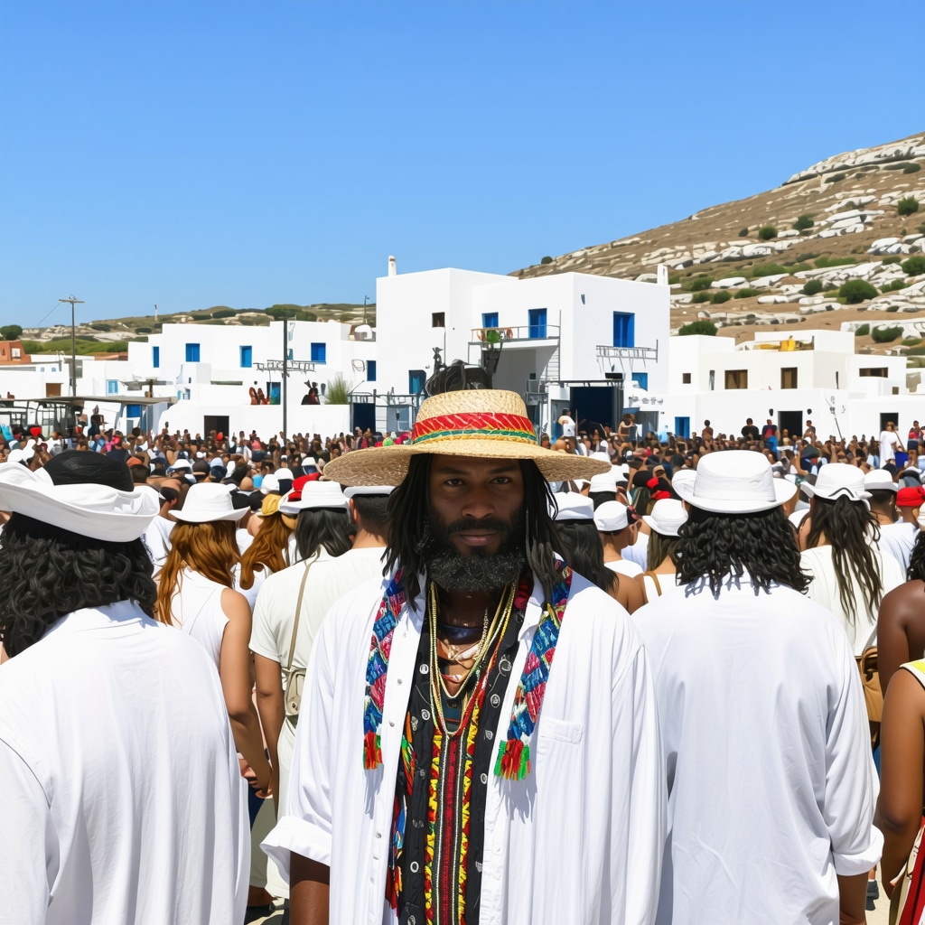 Festival attendees enjoying music and traditional crafts on sunny Mykonos beach with digital elements