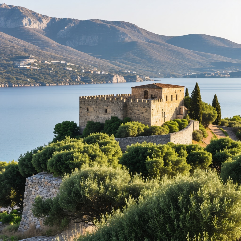 Panoramic view of Nafplio with fortress, olive groves, and tourists using AR guides