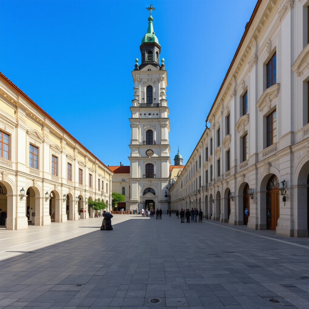 Historic Novi Sad buildings with digital interactive tourist displays at dusk