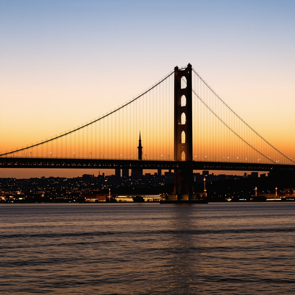 Bosporus Bridge illuminated at sunset with Istanbul cityscape in background