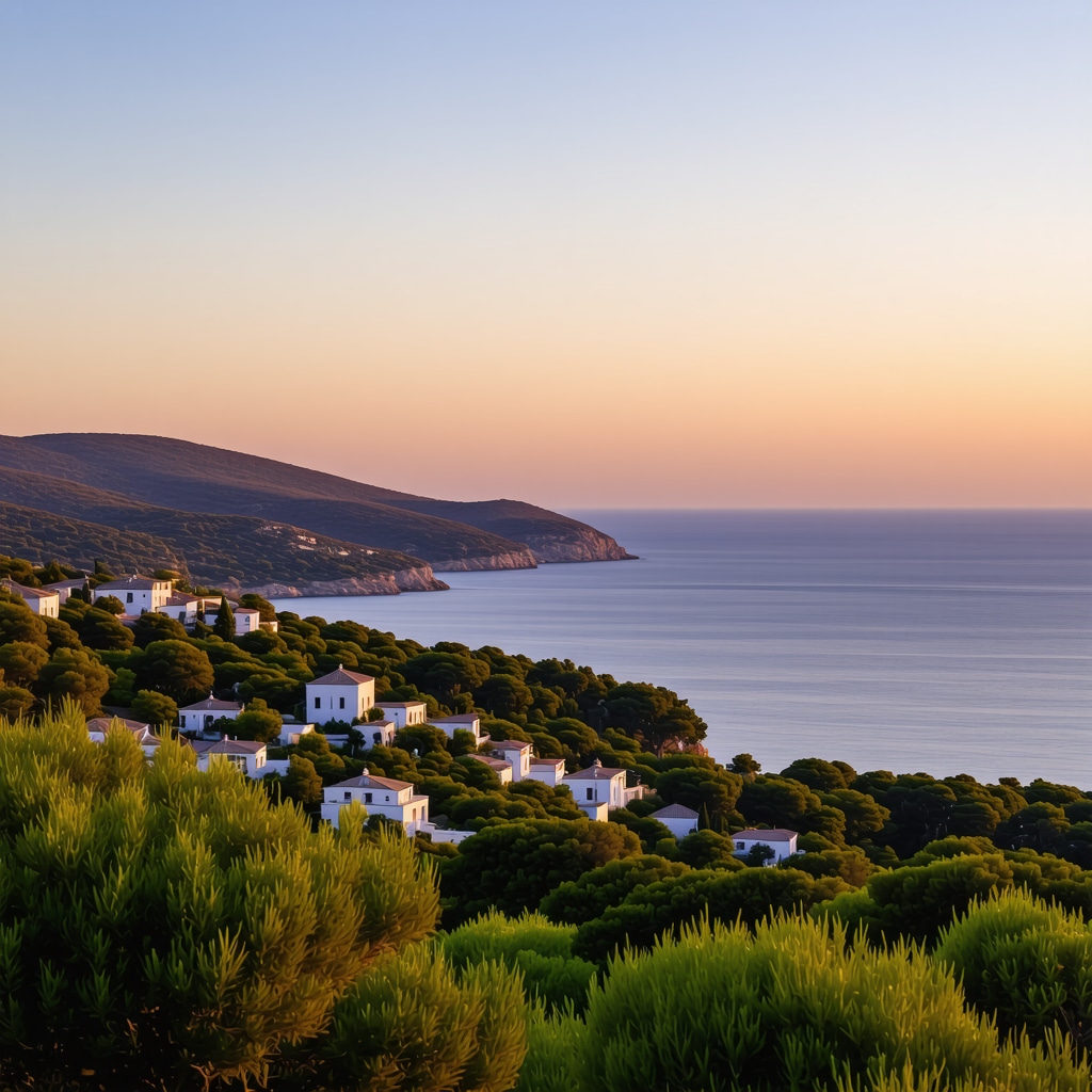 Golden hour panoramic view of Halkidiki coastline with secluded coves and green forests