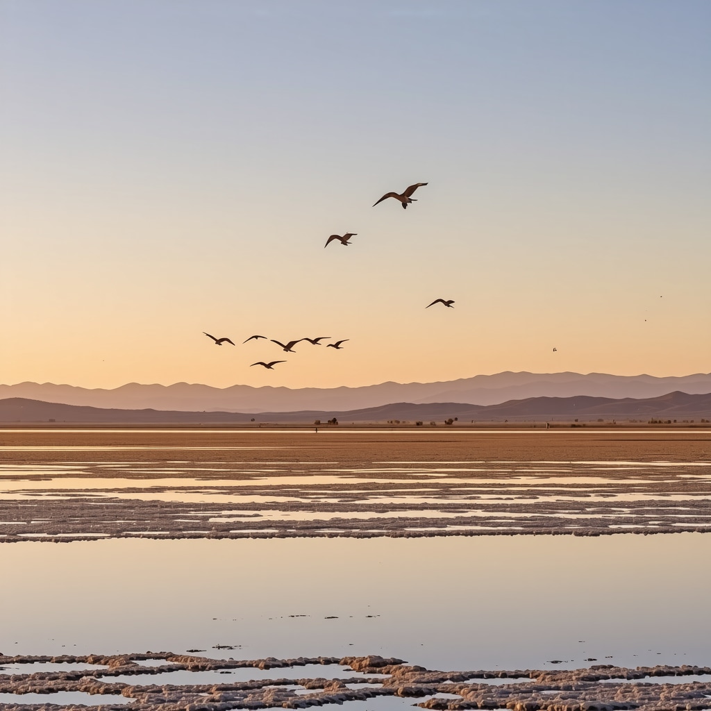 Sunset over Solana Ulcinj salt flats with birds flying, showcasing biodiversity and conservation