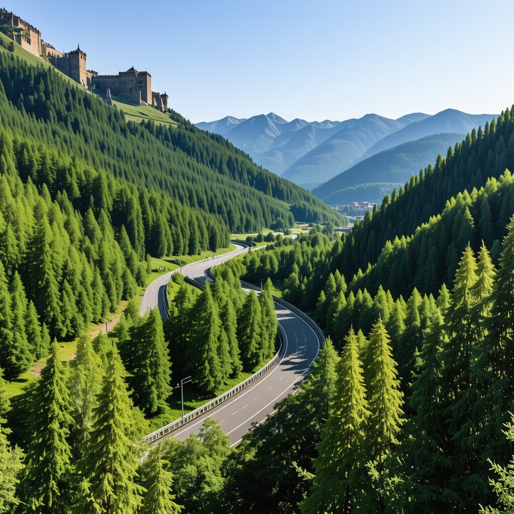 Transfăgărășan road winding through the Carpathian Mountains with sharp curves and lush greenery