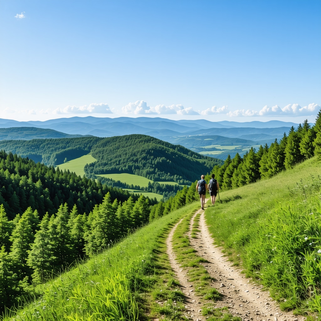 Hikers on marked sustainable trails through lush forests and mountains in Kruševo under clear skies