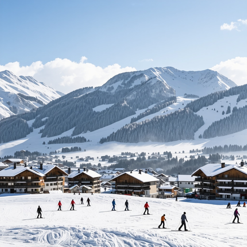 Winter panorama of Bansko ski resort with snowy mountains, skiers on slopes and traditional chalets