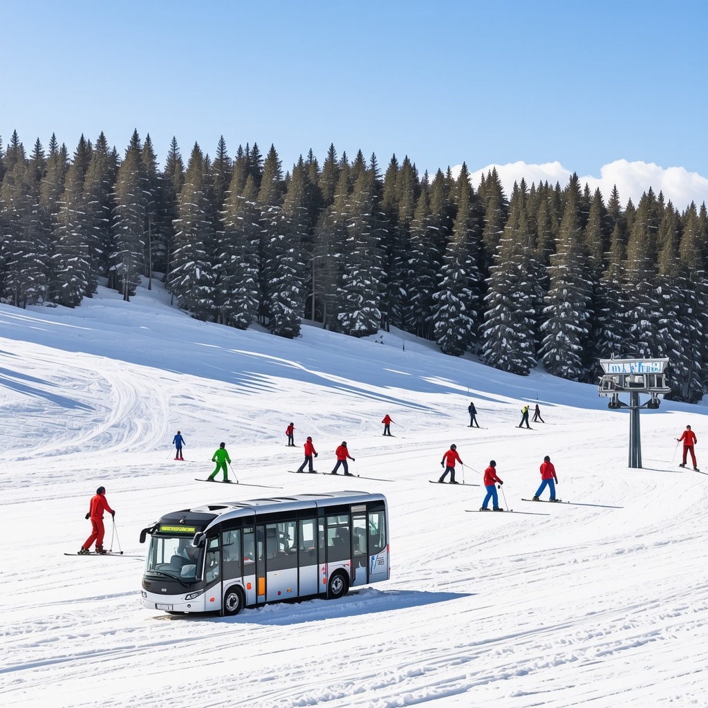 Borovets ski resort panorama with skiers, pine forests, and sustainable tourism elements