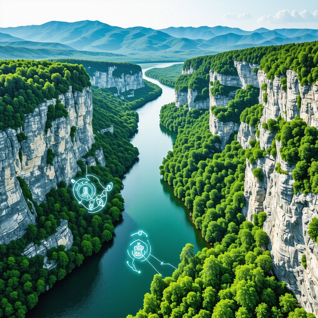Đerdap National Park landscape with Danube River and digital icons for smart tourism