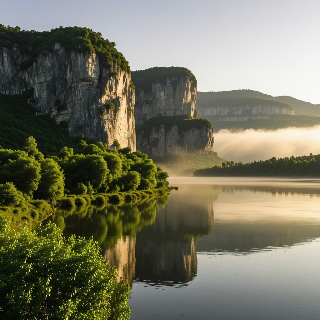 Panoramic morning view of Đerdapska klisura with mist over Danube and cliffs