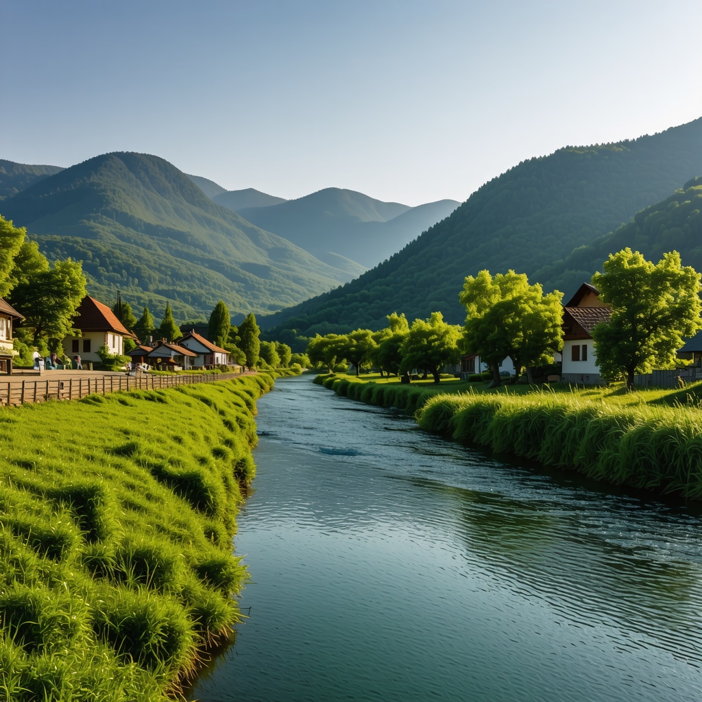 Panoramic landscape of Foča showing mountains, river, and traditional village houses