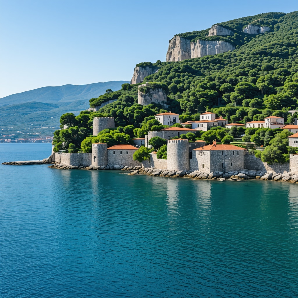 Herceg Novi coastline with green hills, historic fortresses, and Adriatic sea