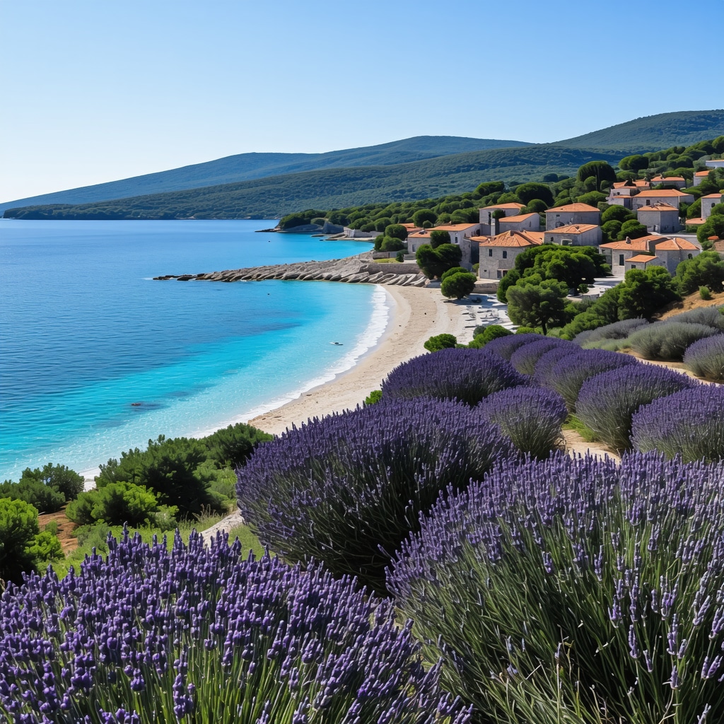 Panoramic view of Hvar island with crystal-clear beaches and traditional Dalmatian architecture