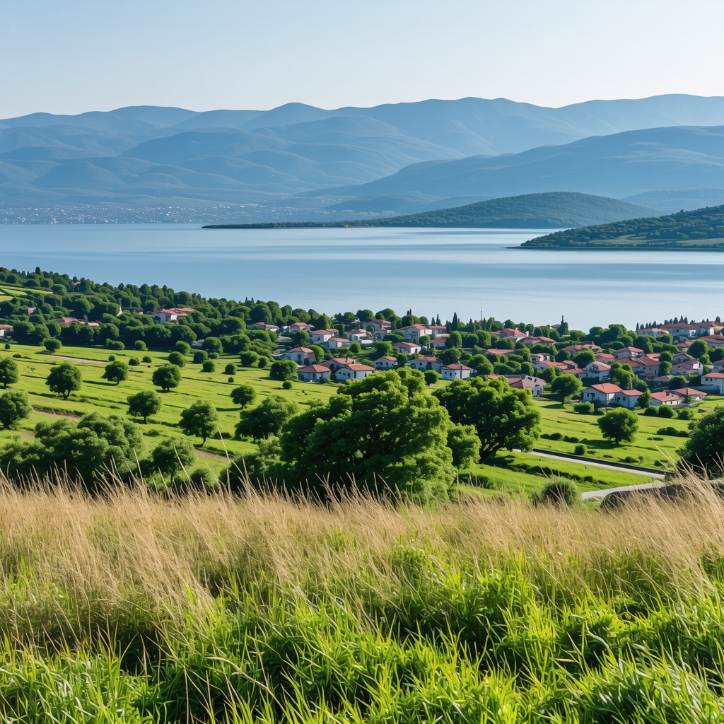Panoramic view of Ioannina with lake Pamvotis, digital displays, and eco-friendly trails representing sustainable tourism