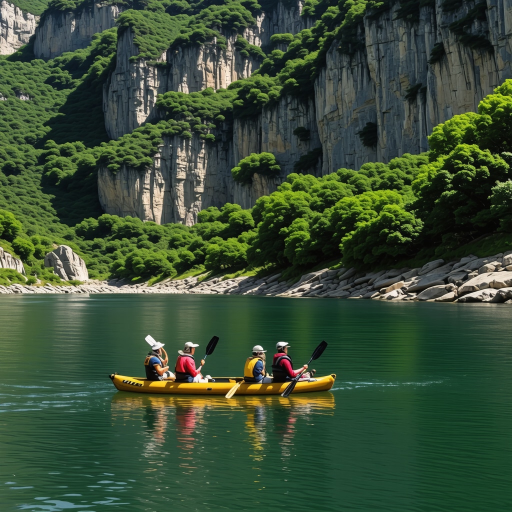 Panoramic view of Matka Canyon with kayakers and lush cliffs