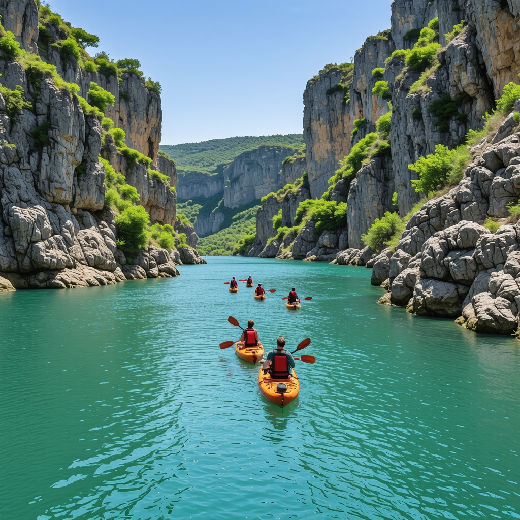 Matka Canyon panoramic landscape with kayakers on the river and rocky cliffs
