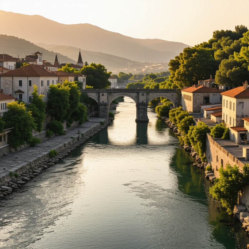Mostar's Old Bridge spanning the Neretva river with old town buildings in golden hour lighting