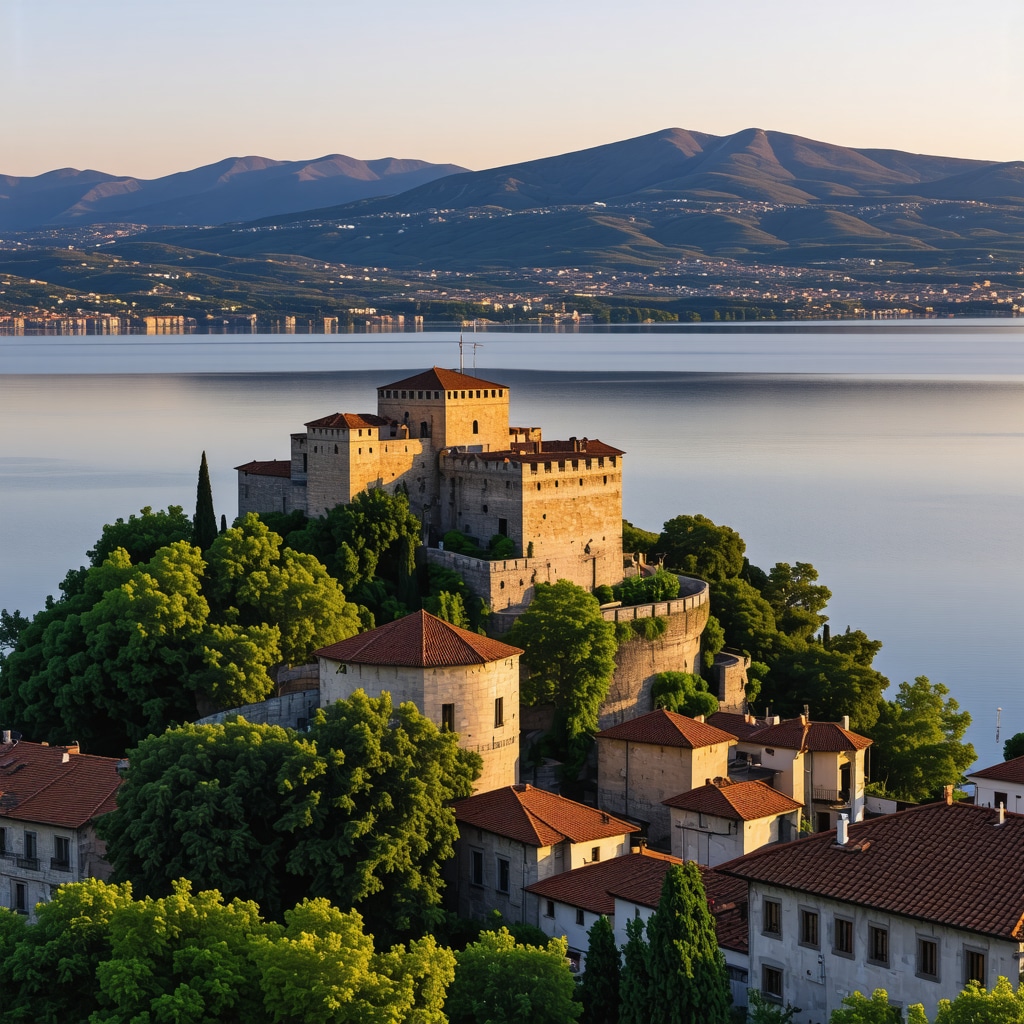 Aerial panoramic view of Ohrid town, Samuil's Fortress, and Lake Ohrid during sunset