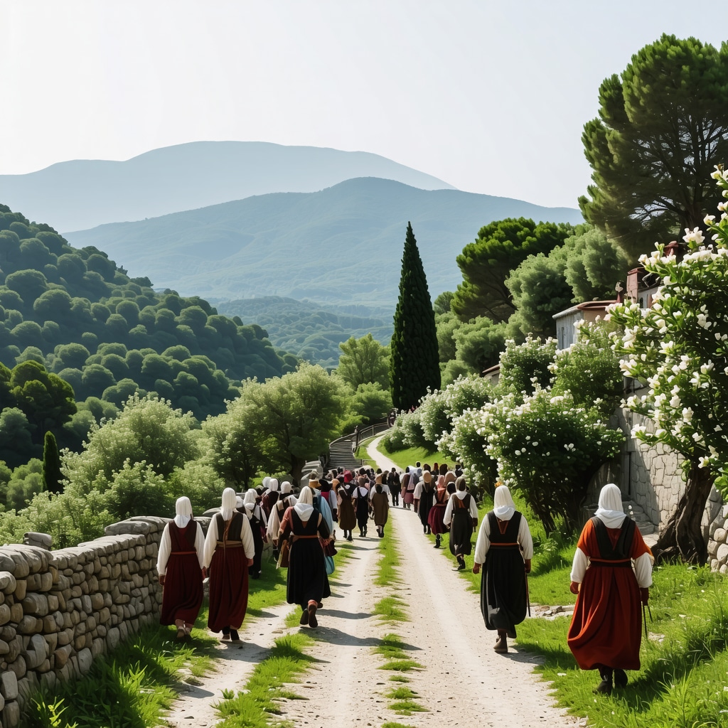 Lush Pelion forests with traditional villages and locals celebrating spring festival with eco-friendly decorations