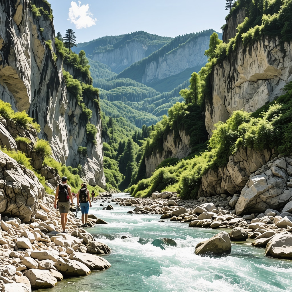 Rugova Gorge panorama with hikers and eco-friendly tourist infrastructure