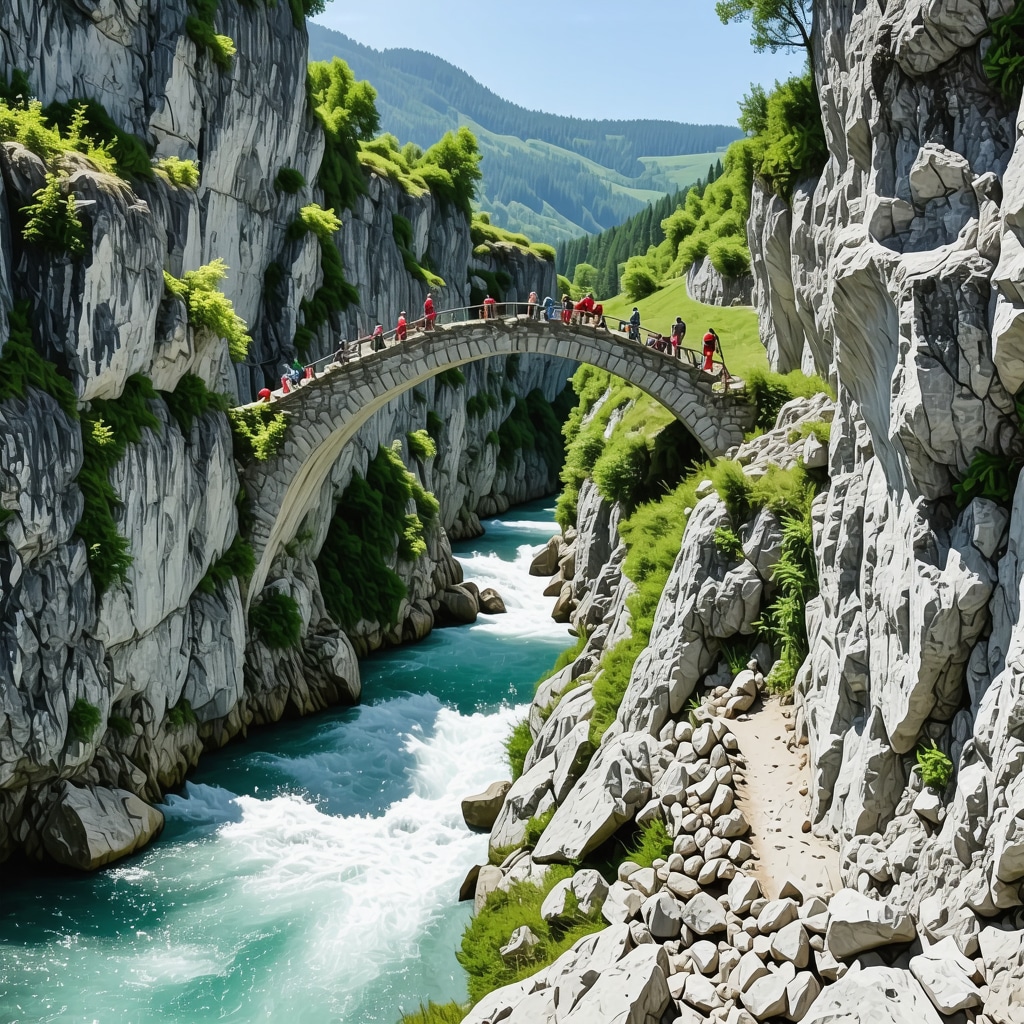Panoramic landscape of Rugova Gorge showing natural stone bridge, river, cliffs, and hikers