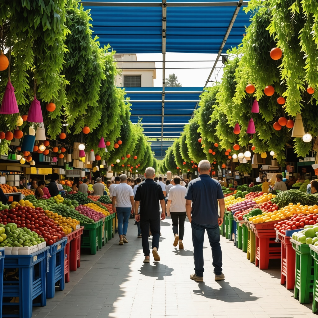 Colorful fresh fruits, vegetables and local vendors at Pazari i Ri market in Tirana