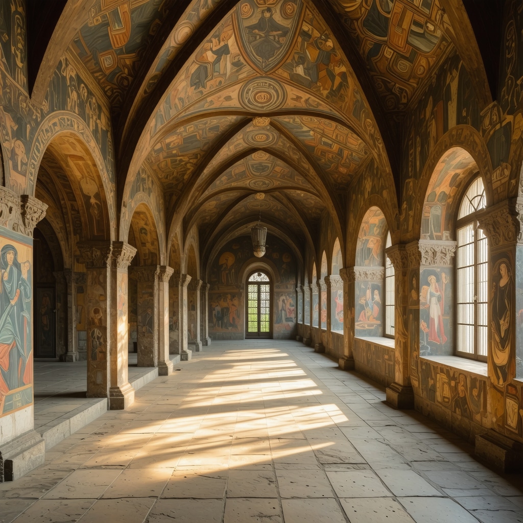 Serene cloister of Peć Monastery with detailed Byzantine frescoes and lush greenery