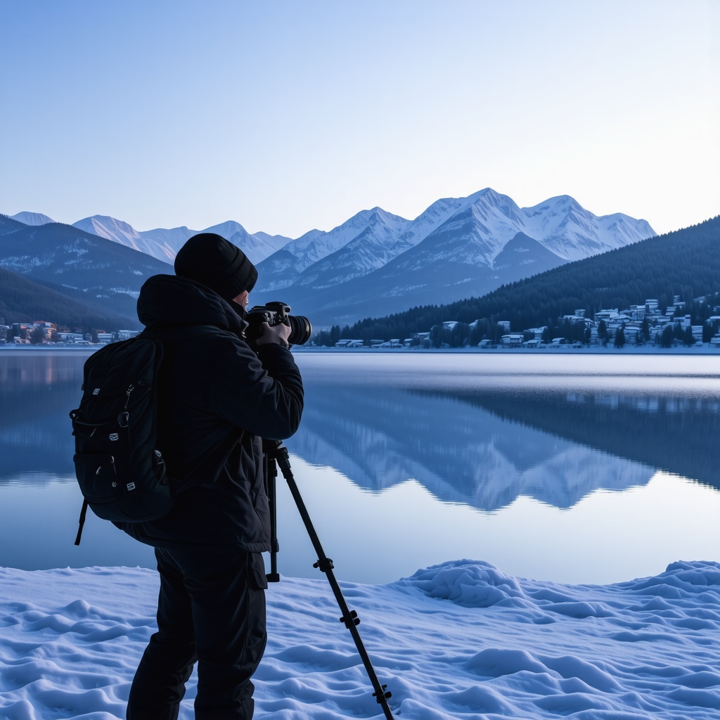 Professional photographer photographing snow-covered Lake Bohinj and Julian Alps during blue hour