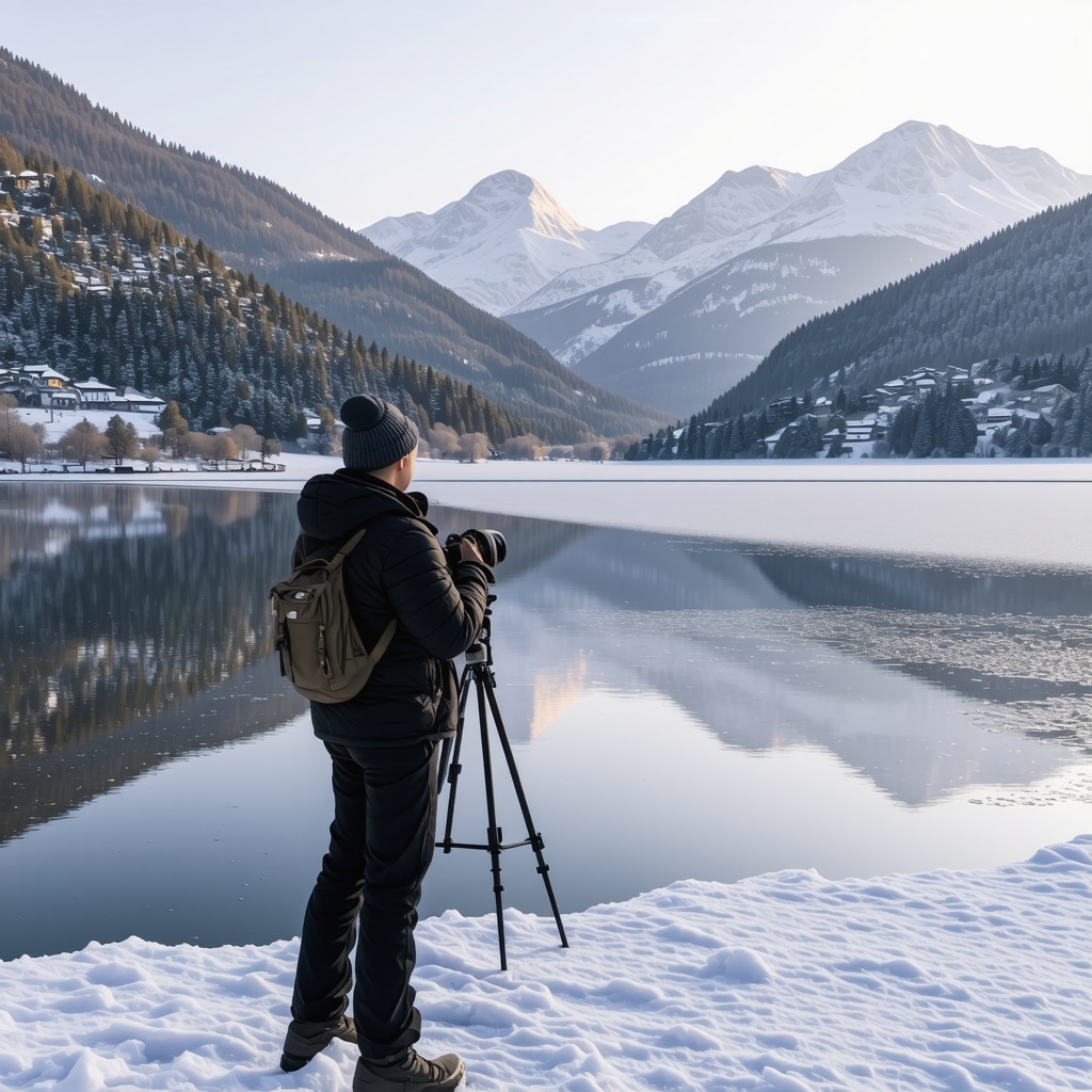 Photographer in winter gear taking photos of frozen lake and snow-covered mountains in Bohinj