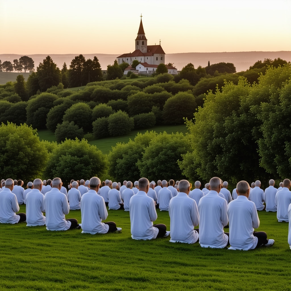 Pilgrims praying and meditating on Križevac hill in Međugorje at sunrise