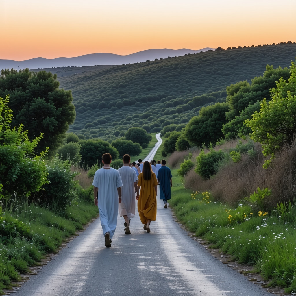 Pilgrims walking on a path to Podbrdo hill in Medjugorje during sunset, showcasing spiritual journey