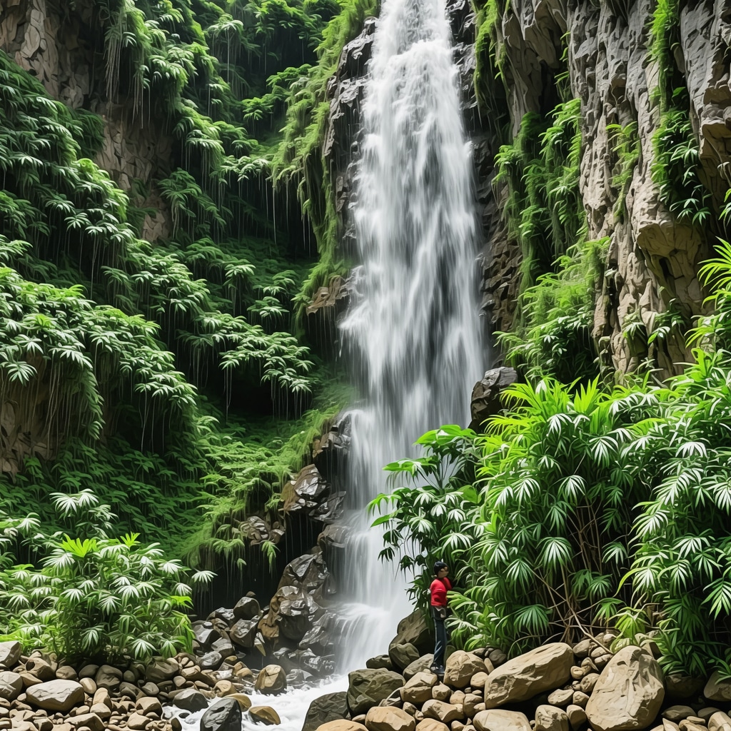Pliva Waterfalls in Jajce surrounded by greenery with community members planting trees and climate monitoring devices