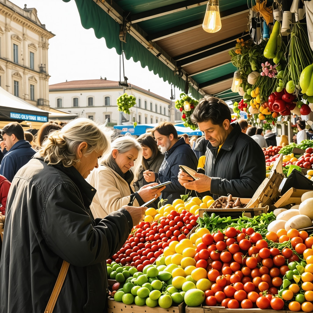 Traditional Priština market with vendors using digital tools and colorful stalls