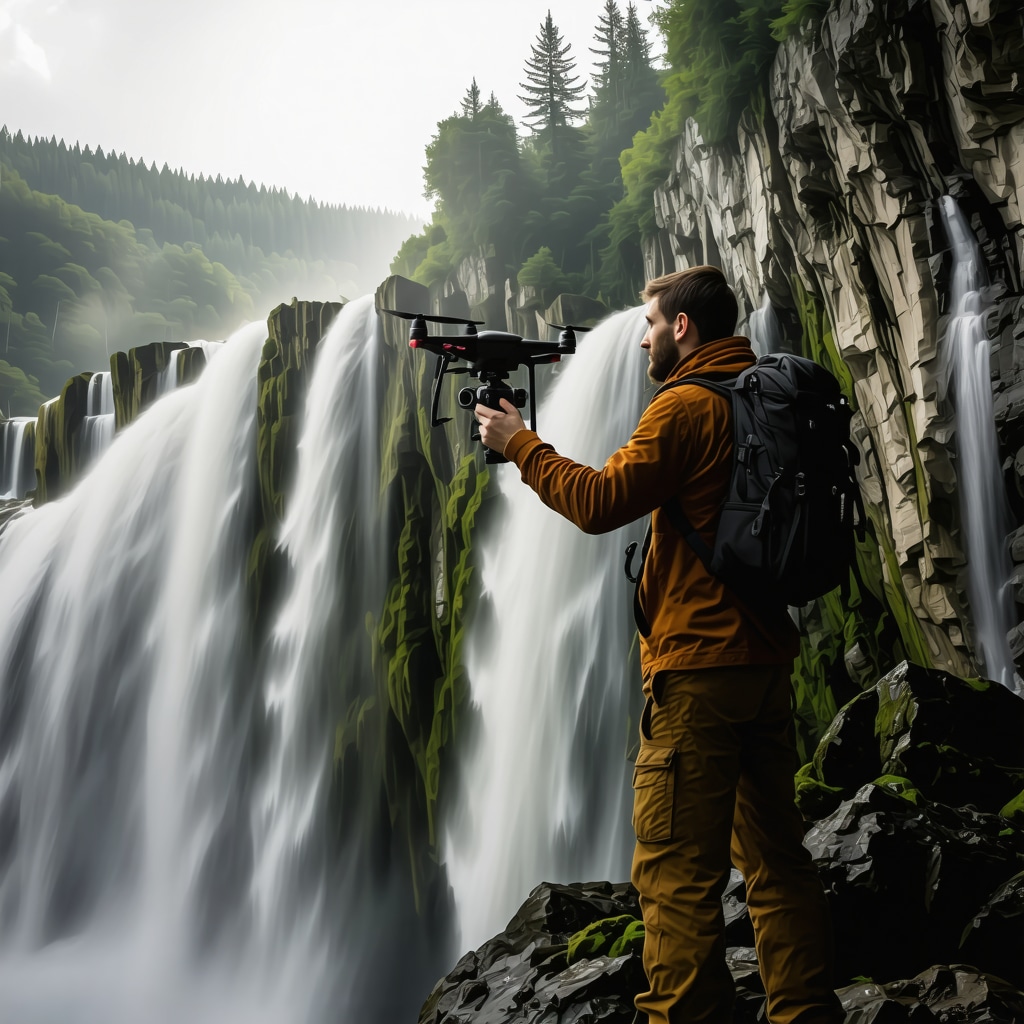 Professional wildlife photographer operating a multispectral camera drone over the waterfalls and forest of Jajce in Bosnia capturing ecological data and natural beauty