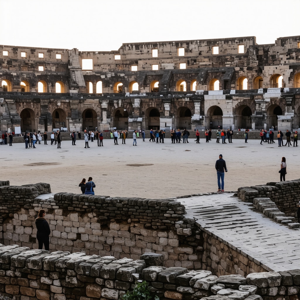 Panoramic sunset view of Pula Roman Arena with visitors exploring the amphitheater