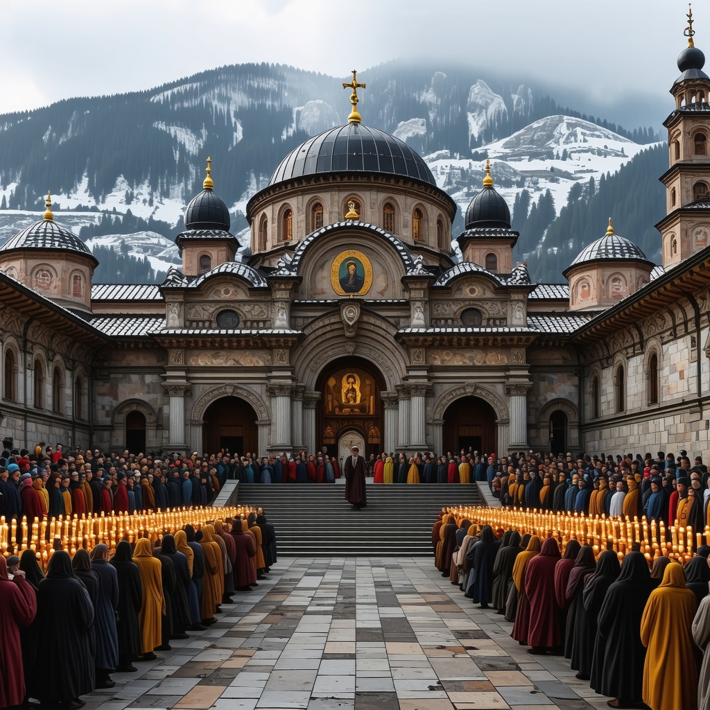 Rila Monastery illuminated during Orthodox celebration with icons and augmented reality features